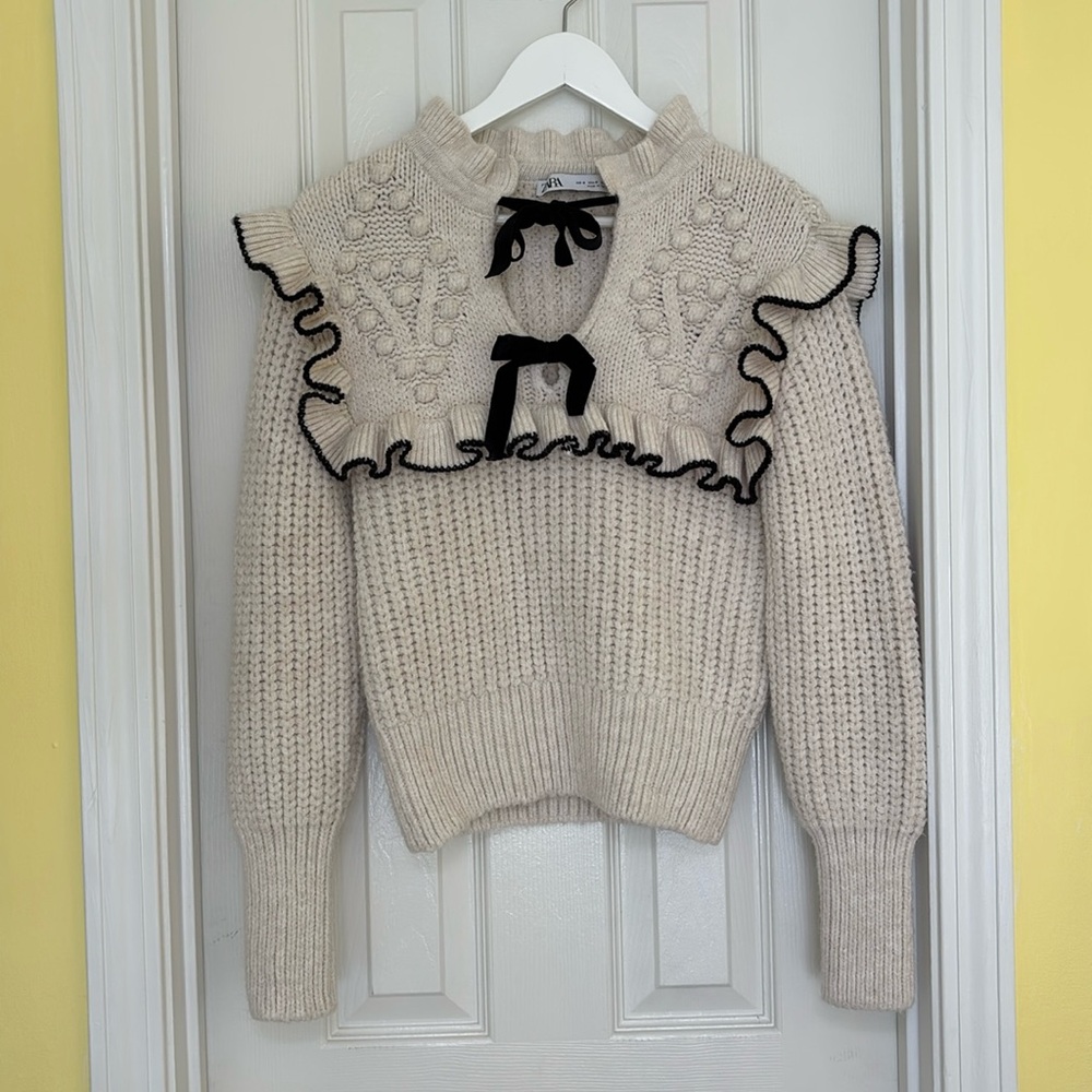 Zara Black and White Cream Bow Knit Sweater Ruffled - Picture 2 of 5